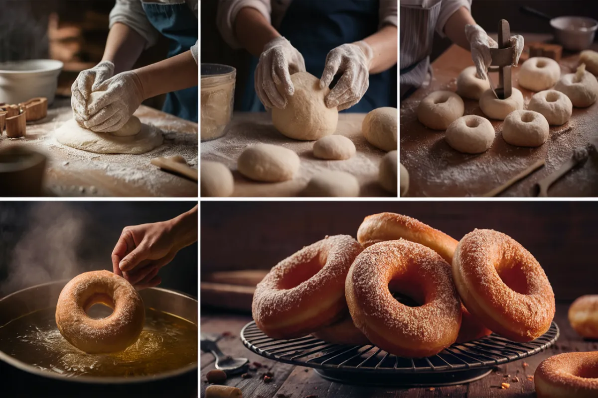 
Collage of steps showing Amish doughnut preparation from kneading to frying.