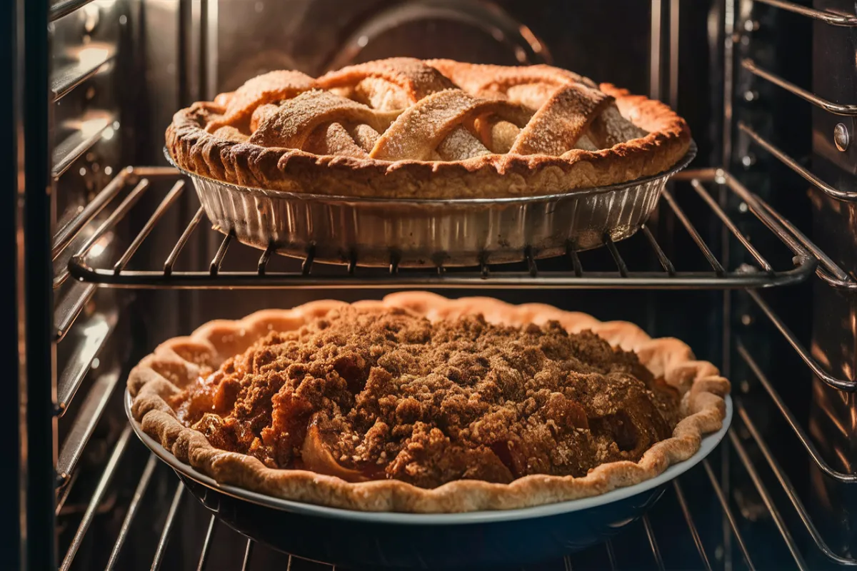 Apple pie and apple crumble baking in the oven