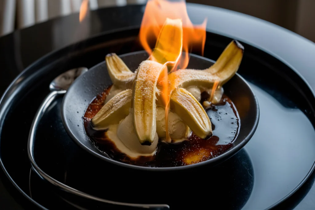 Bananas Foster over vanilla ice cream on a black table