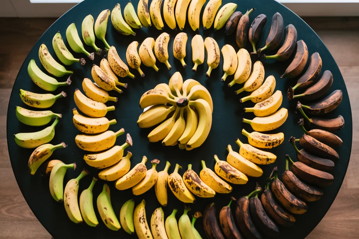 Bananas at different ripeness stages on a black table