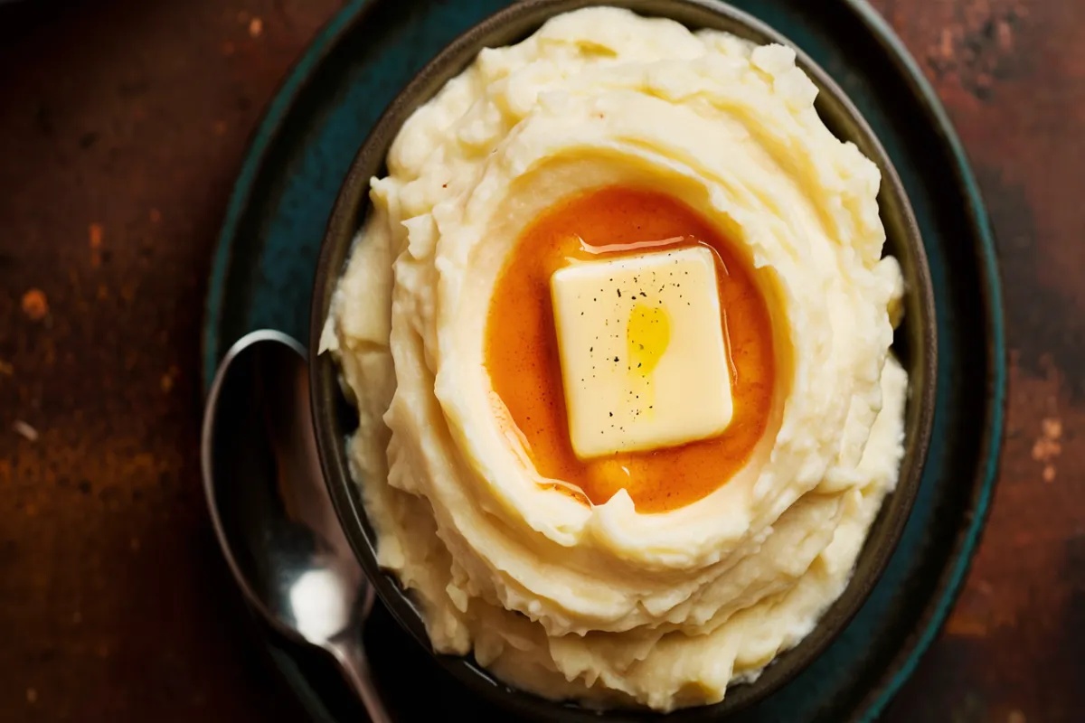 Bowl of creamy mashed potatoes with butter