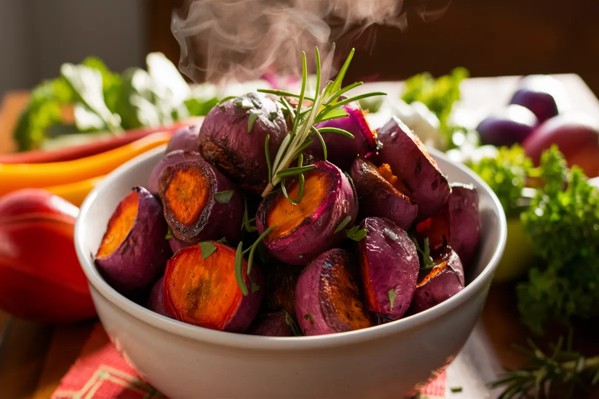 Bowl of roasted purple sweet potatoes with herbs on a wooden table