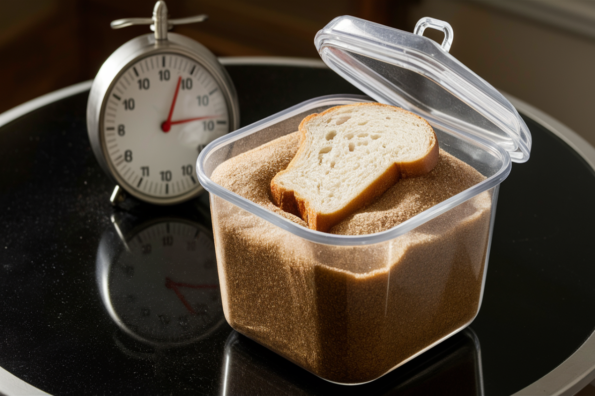 Bread slice in a container with brown sugar and a kitchen timer