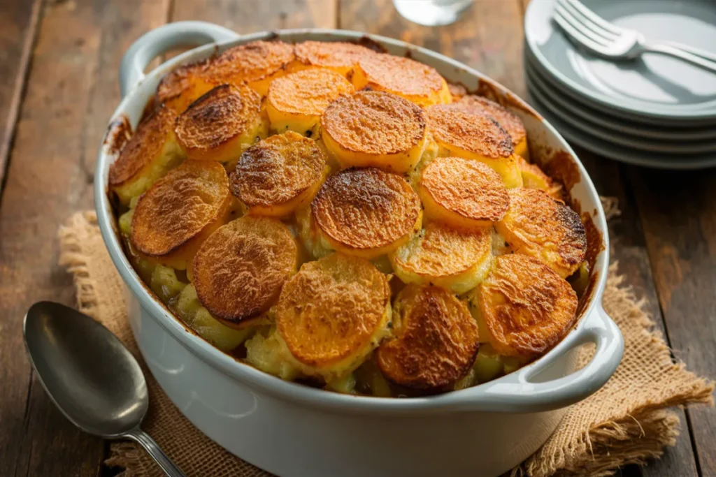 Casserole dish of baked scalloped potatoes with a golden top