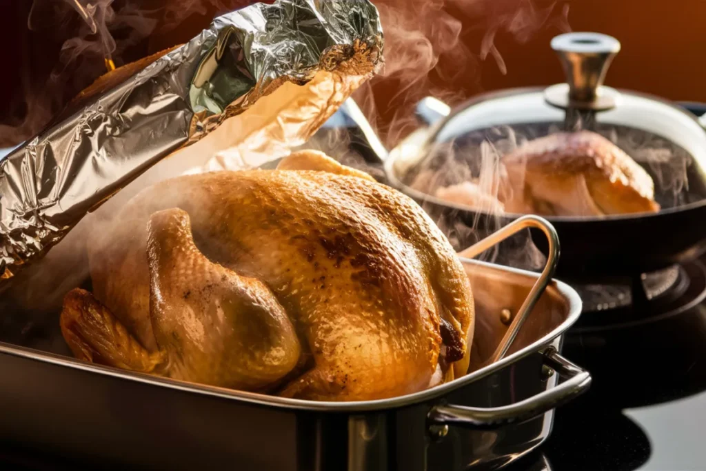 Chicken covered with foil and a pan with a lid trapping steam