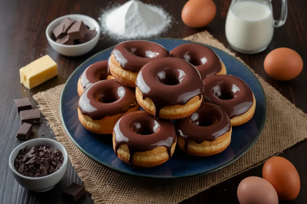 Chocolate donut glaze ingredients on a dark wooden table