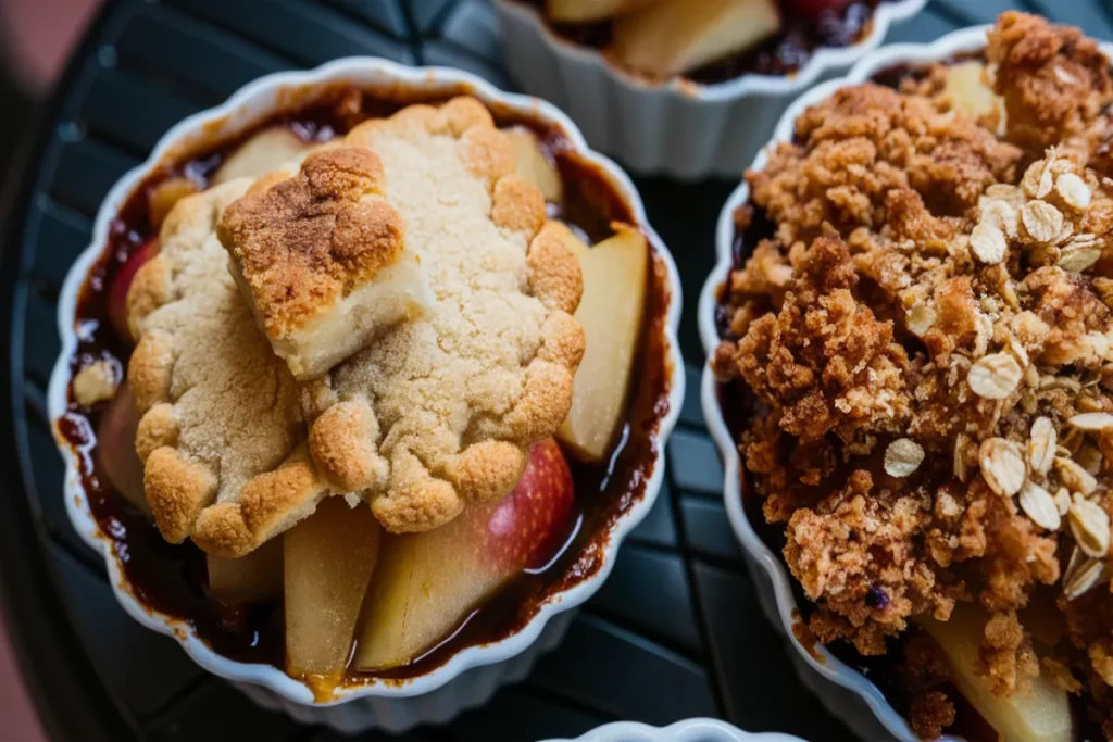 Close-up of apple cobbler and apple crumble toppings