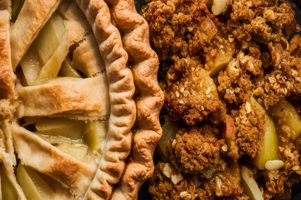 Close-up of apple pie crust and apple crumble topping