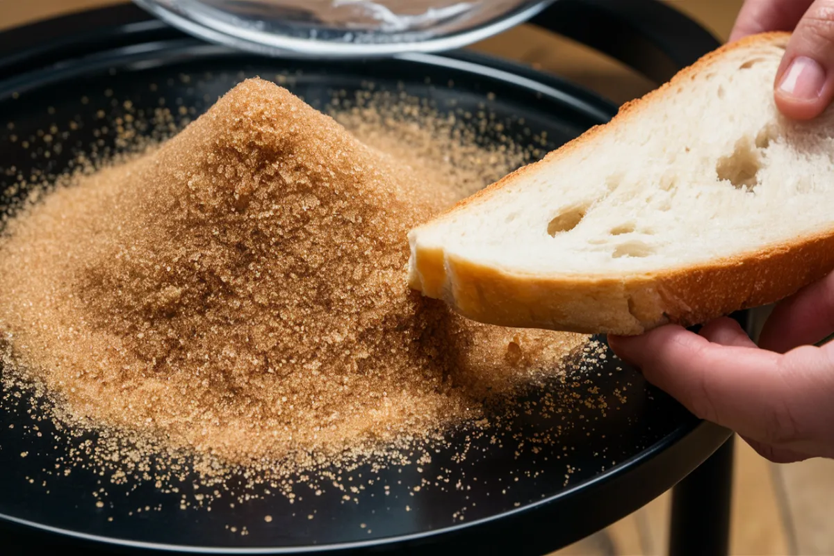 Close-up of brown sugar and a slice of bread