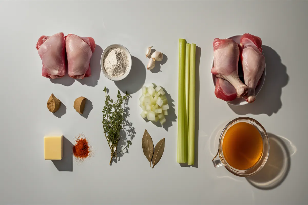 Core ingredients for smothered chicken arranged on a flat surface.