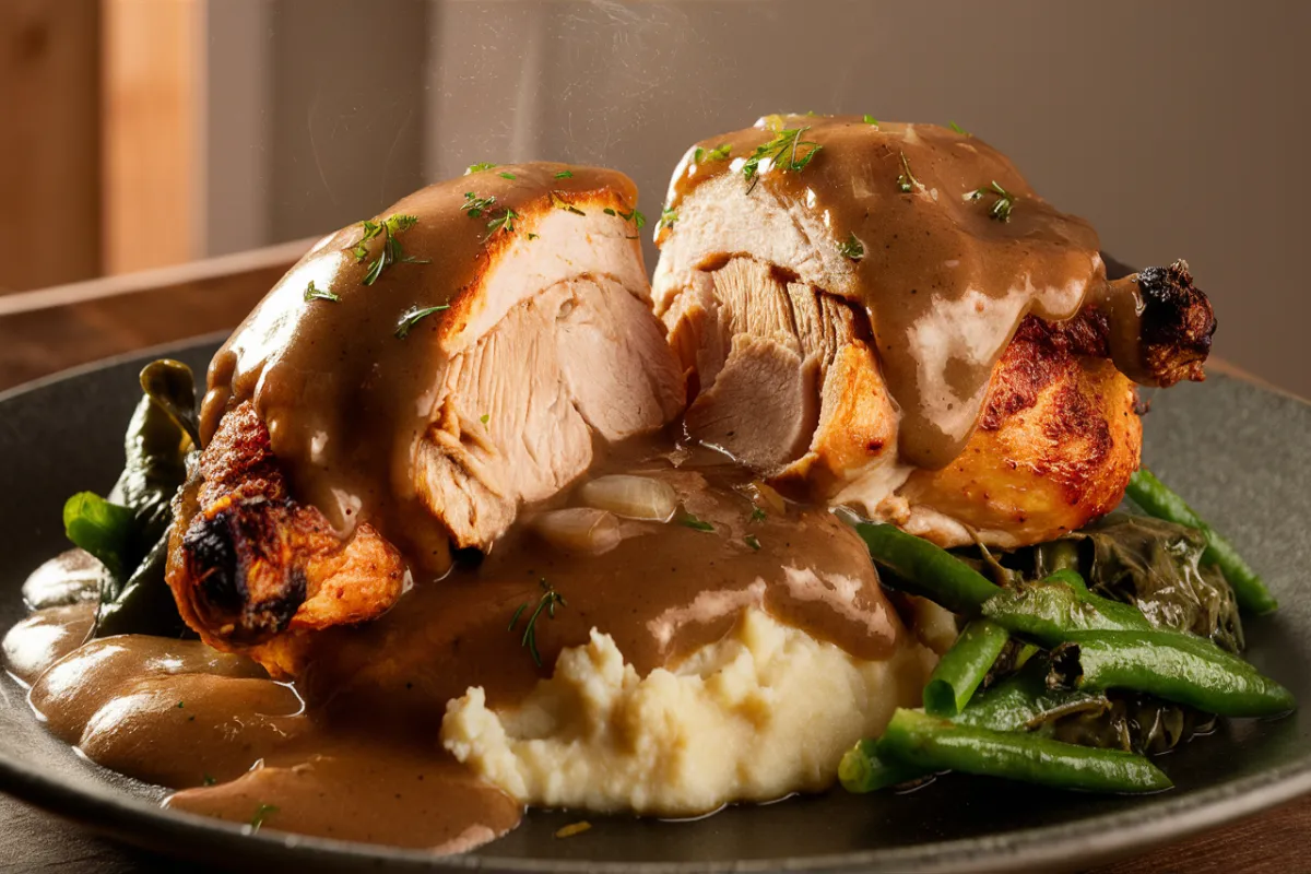 Cut smothered chicken with gravy on a plate