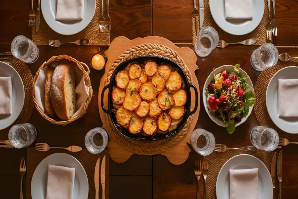 Family-style table with a dish of scalloped potatoes at the center