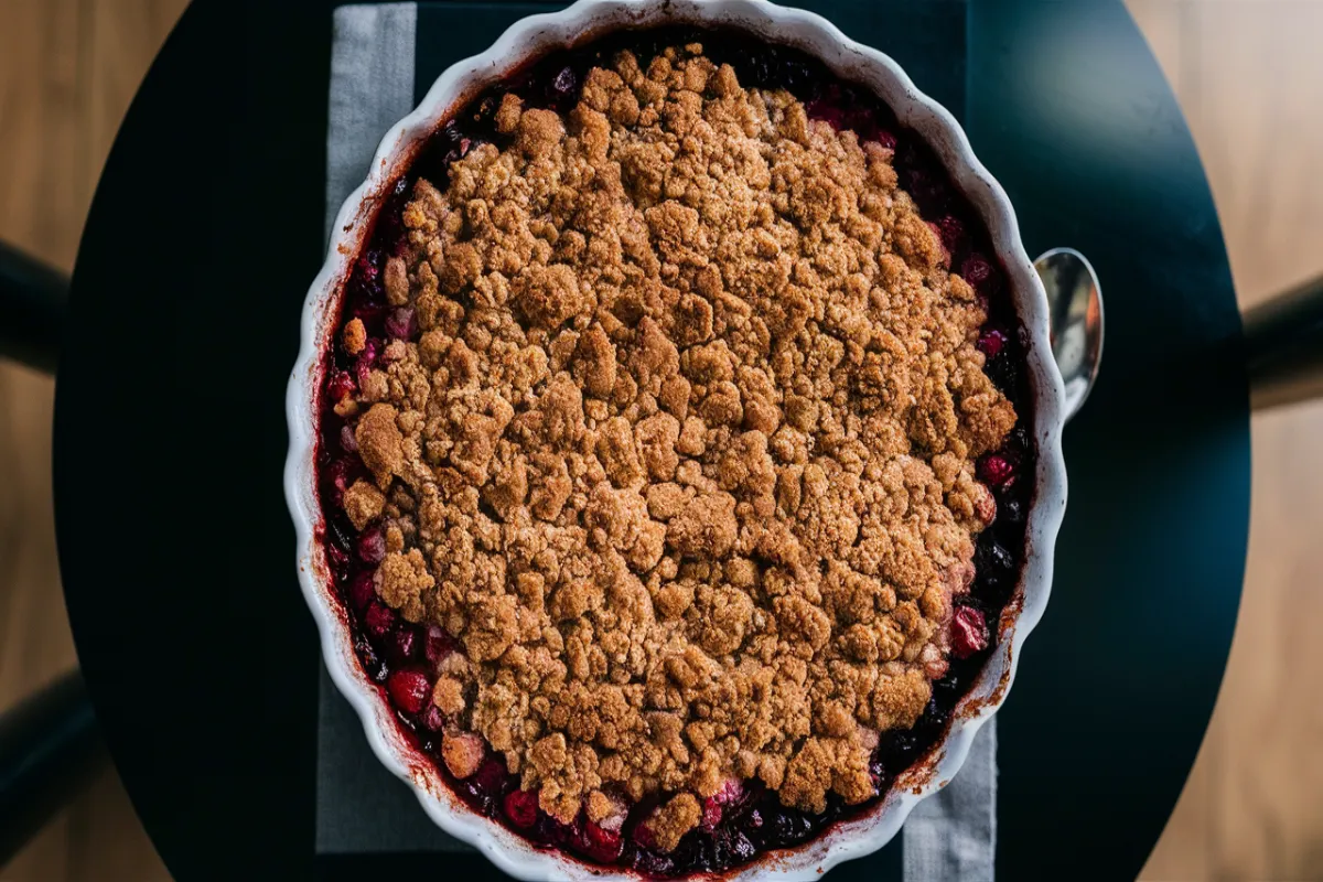 Freshly baked cranberry crumble in a baking dish