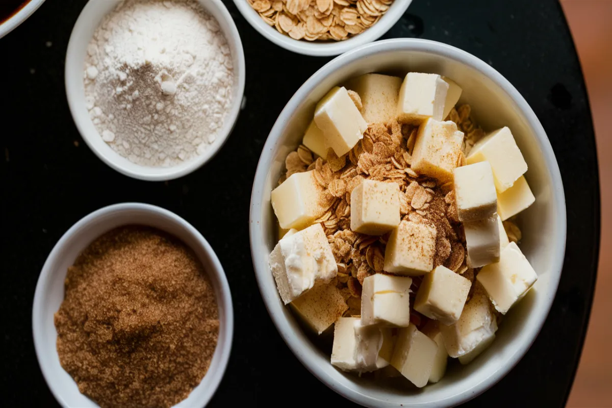 Ingredients for crumble topping on a black table