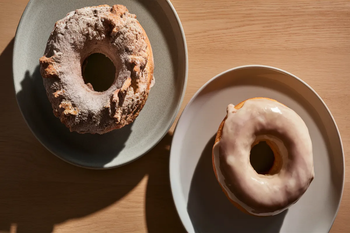 Old fashioned donut and glazed donut on separate plates