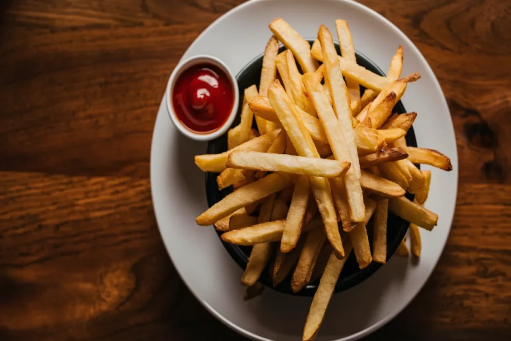 Plate of crispy French fries with dipping sauce