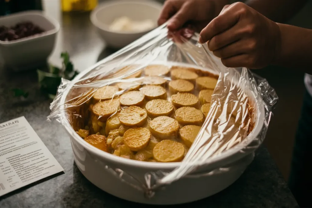 Prepared dish of scalloped potatoes ready to be refrigerated