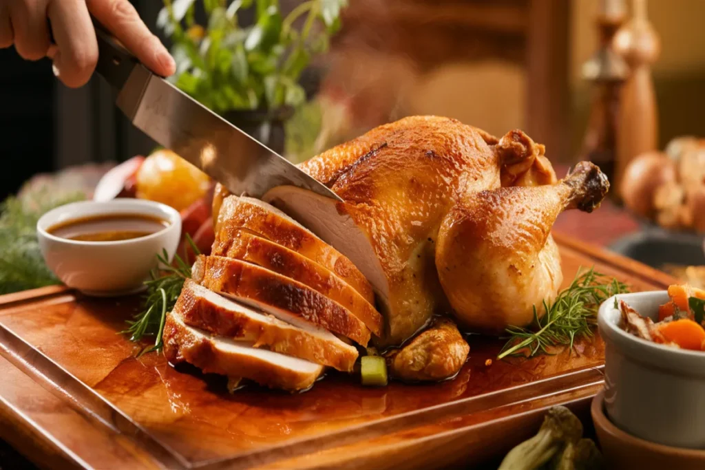 Slicing a moist, roasted chicken on a cutting board