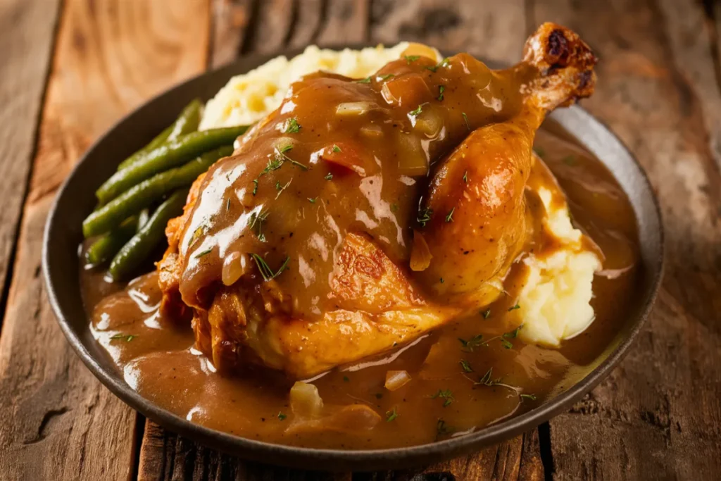 Smothered chicken covered in gravy with mashed potatoes and vegetables.