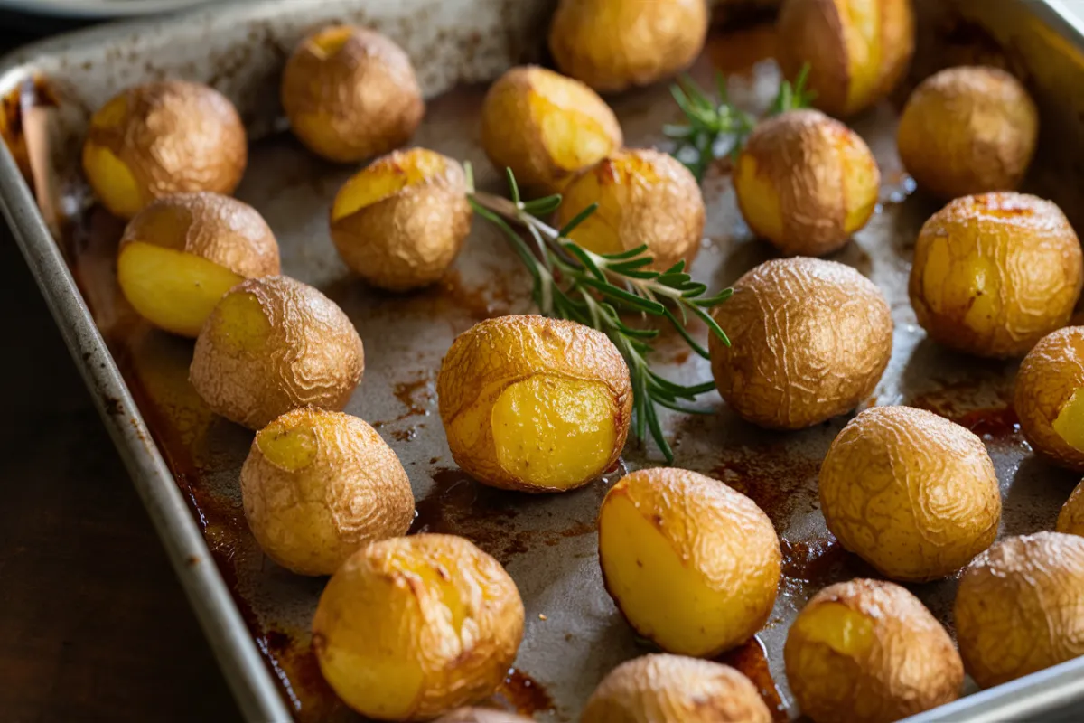 Tray of golden, crispy roasted potatoes