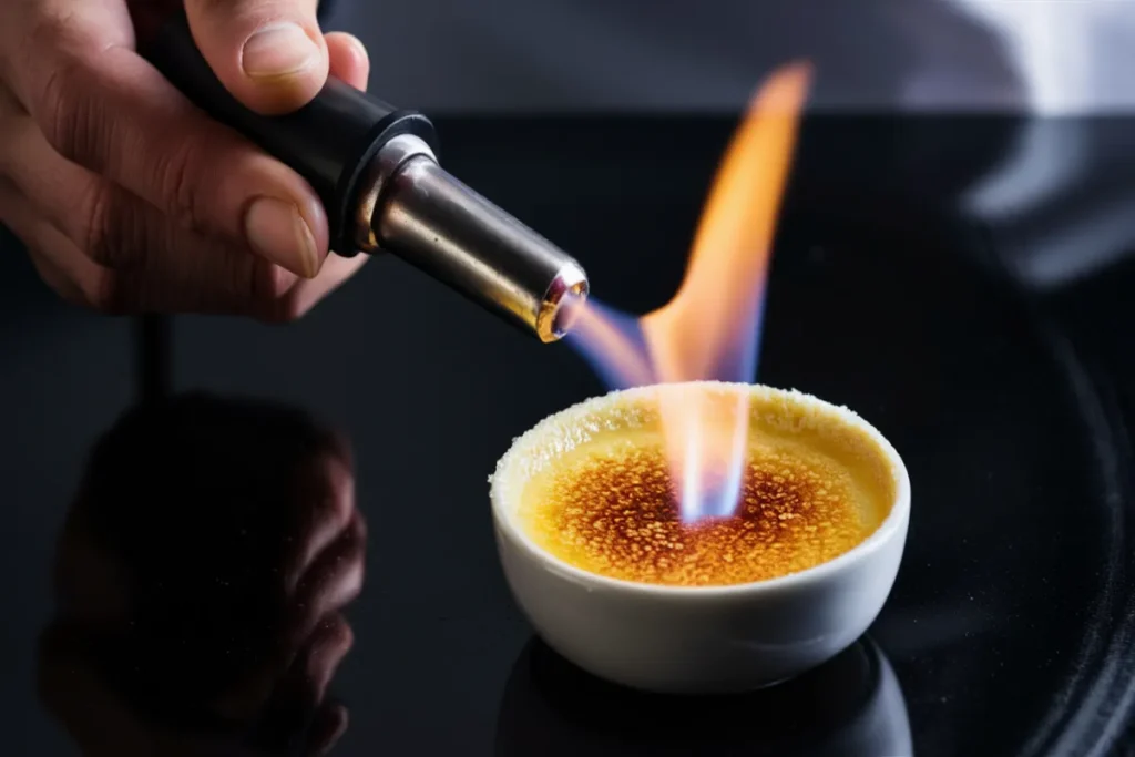 Using a torch to caramelize crème brûlée