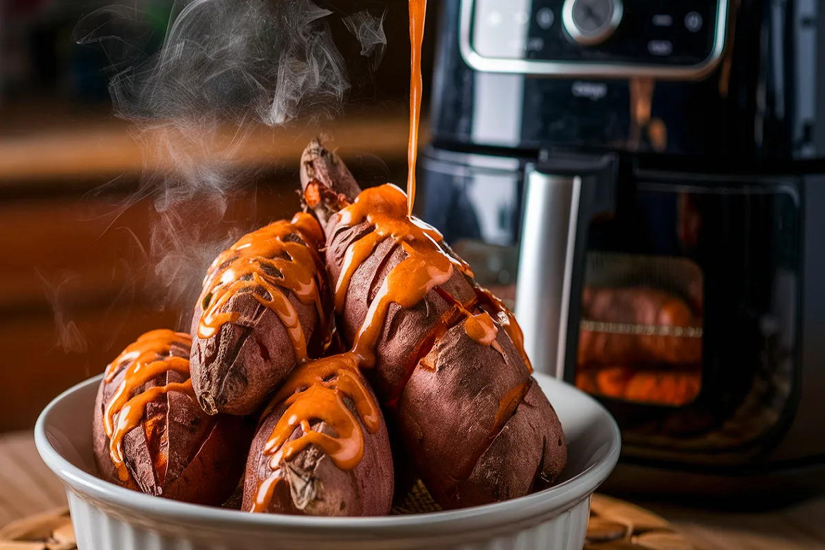 Top-down view of crispy air fryer sweet potatoes served on a white plate with a side of dipping sauce.