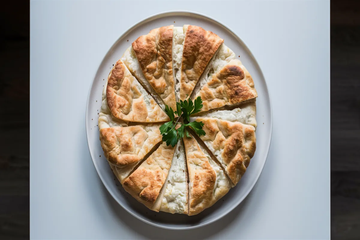 Soft and crispy cottage cheese flatbread on a plate with herbs and cheese.