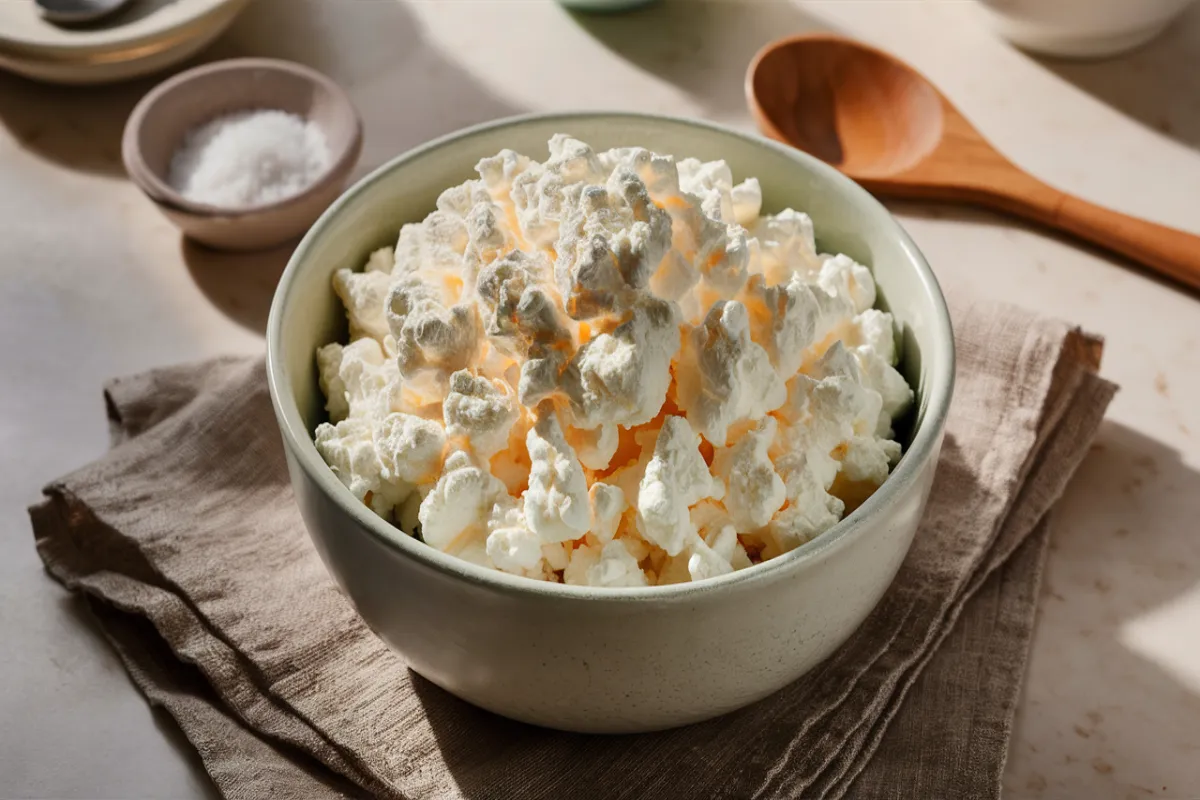 Cottage cheese in a bowl showing its texture