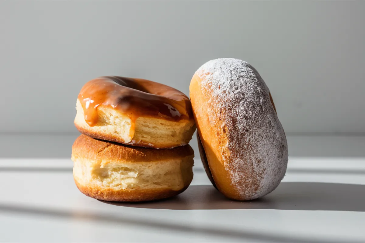 Split-screen image showcasing a brioche donut on the left and a regular donut on the right.