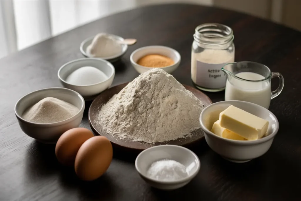 Batter donut ingredients neatly arranged on a dark wooden table, including flour, yeast, sugar, eggs, butter, milk, and salt.