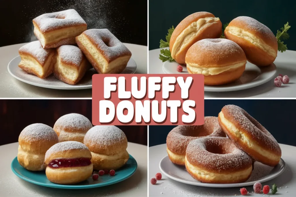 Square collage featuring global varieties of fluffy donuts: French beignets, Italian bomboloni, Israeli sufganiyot, and German Berliner.