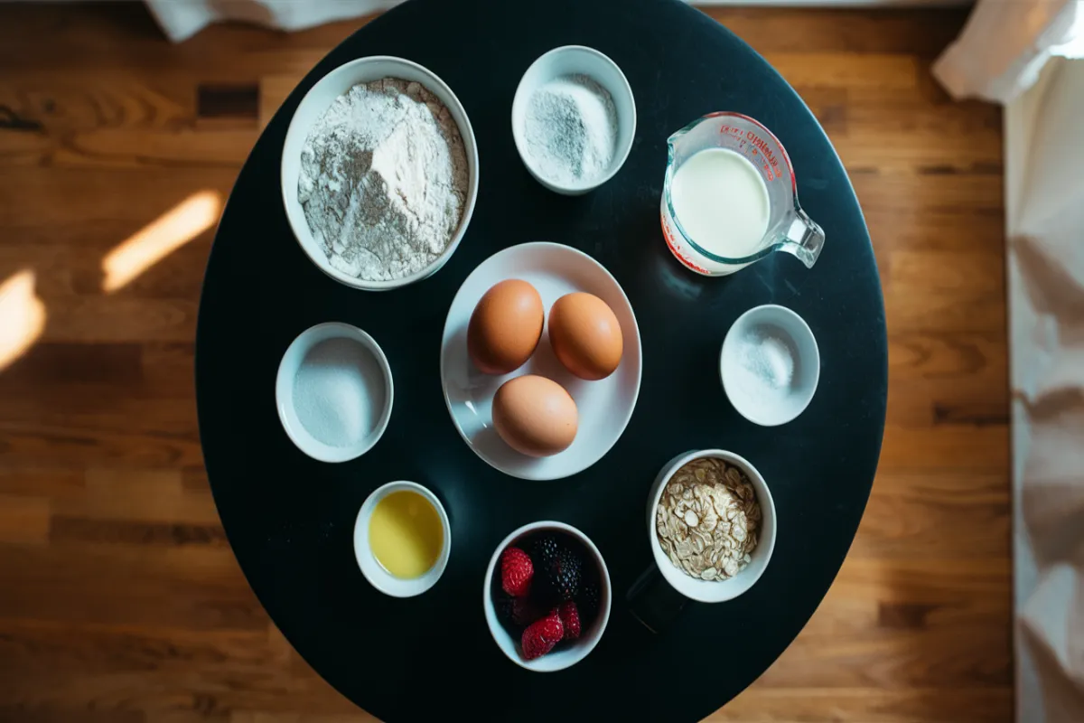 Top-down view of gluten-free breakfast ingredients neatly arranged on a black table, including flour, eggs, milk, butter, berries, oats, and baking powder.