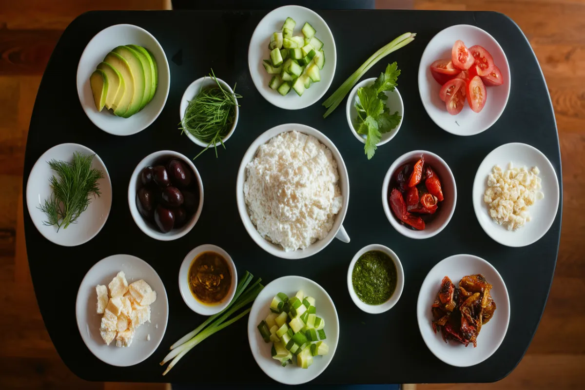 Savory mix-ins for cottage cheese on a black table