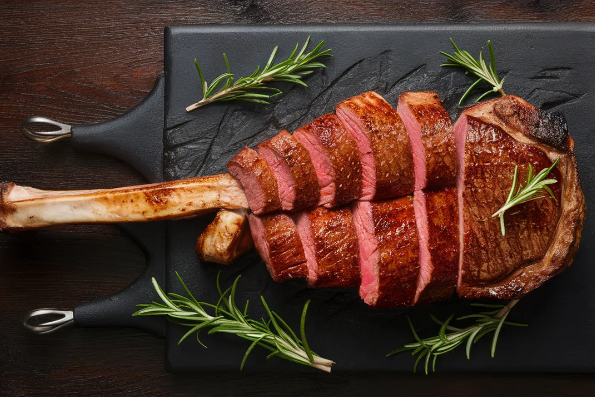 Top-down view of a cooked tomahawk steak sliced and served on a dark wooden table.