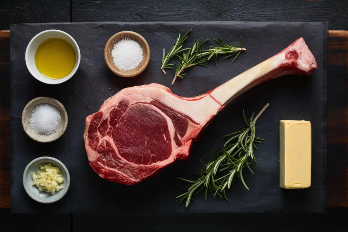 Top-down view of ingredients for tomahawk steak, including a raw tomahawk steak, olive oil, kosher salt, black pepper, minced garlic, rosemary, and butter.