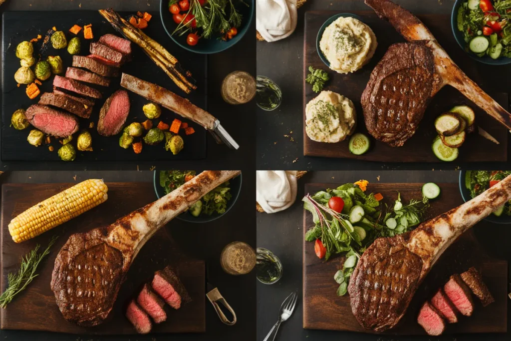 Square collage of serving suggestions for tomahawk steak, including roasted vegetables, mashed potatoes, grilled corn, and a fresh green salad.