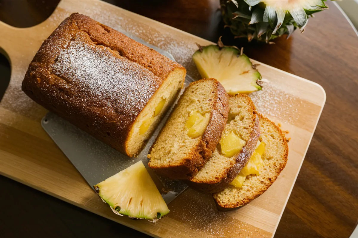 Top-down view of a pineapple pound cake sliced on a wooden board.