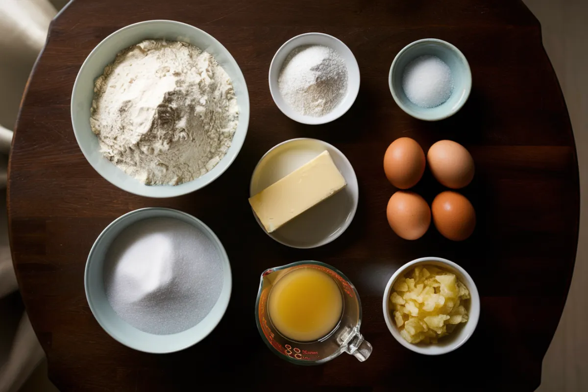 Top-down view of ingredients for pineapple pound cake, including flour, butter, eggs, sugar, pineapple juice, crushed pineapple, and sour cream.