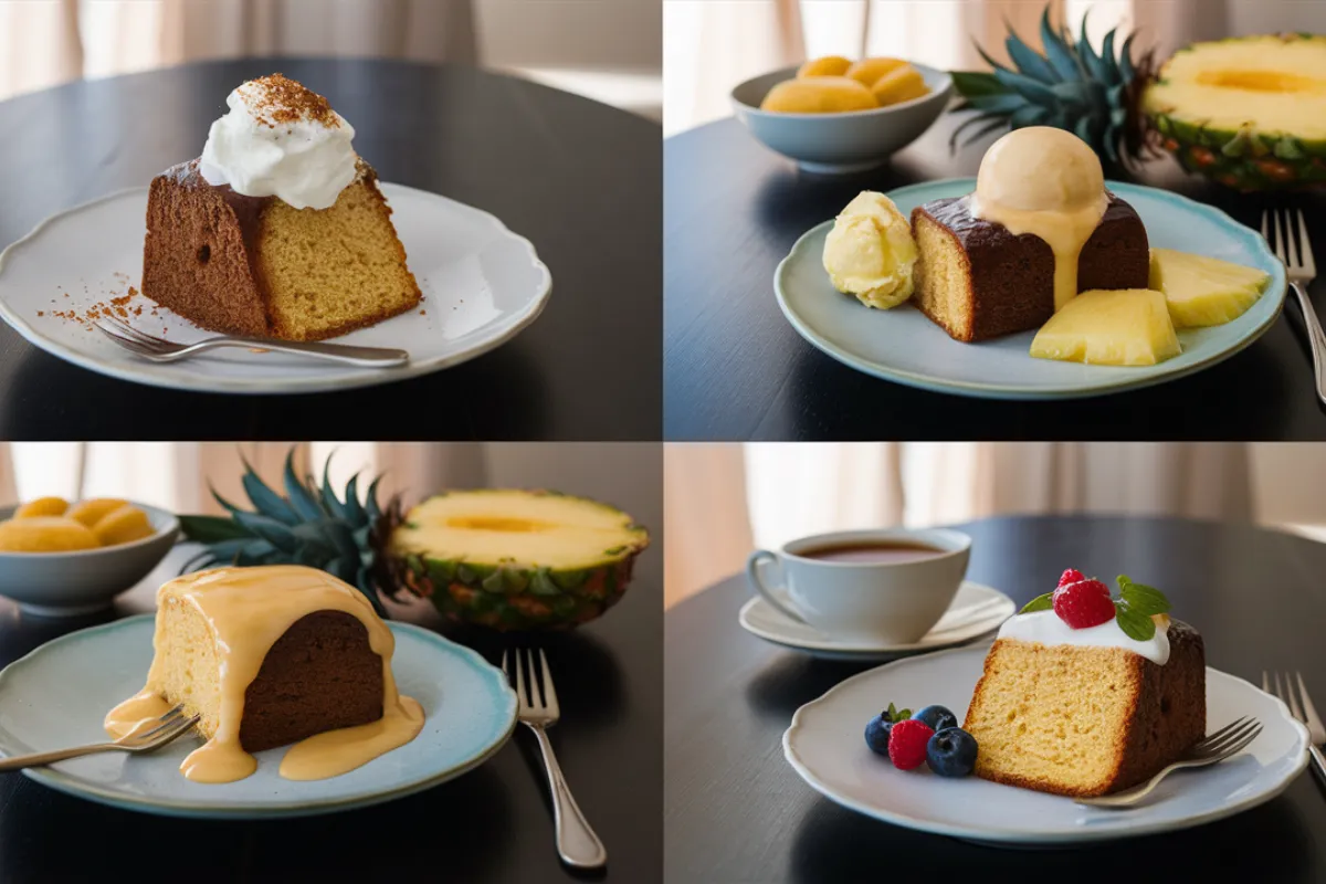 Square collage of serving suggestions for pineapple pound cake, including whipped cream, ice cream, pineapple glaze, and tea with berries.