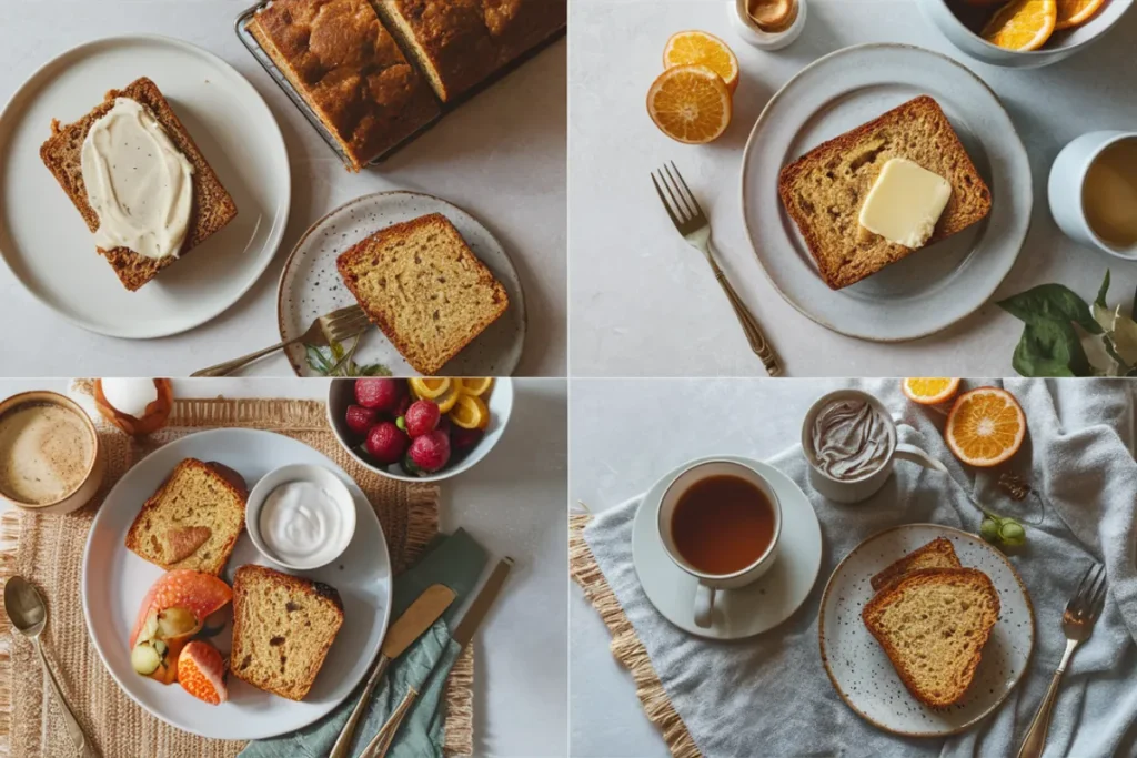 Square collage of serving suggestions for orange zucchini bread, including cream cheese frosting, toasted with butter, breakfast spread, and paired with tea.