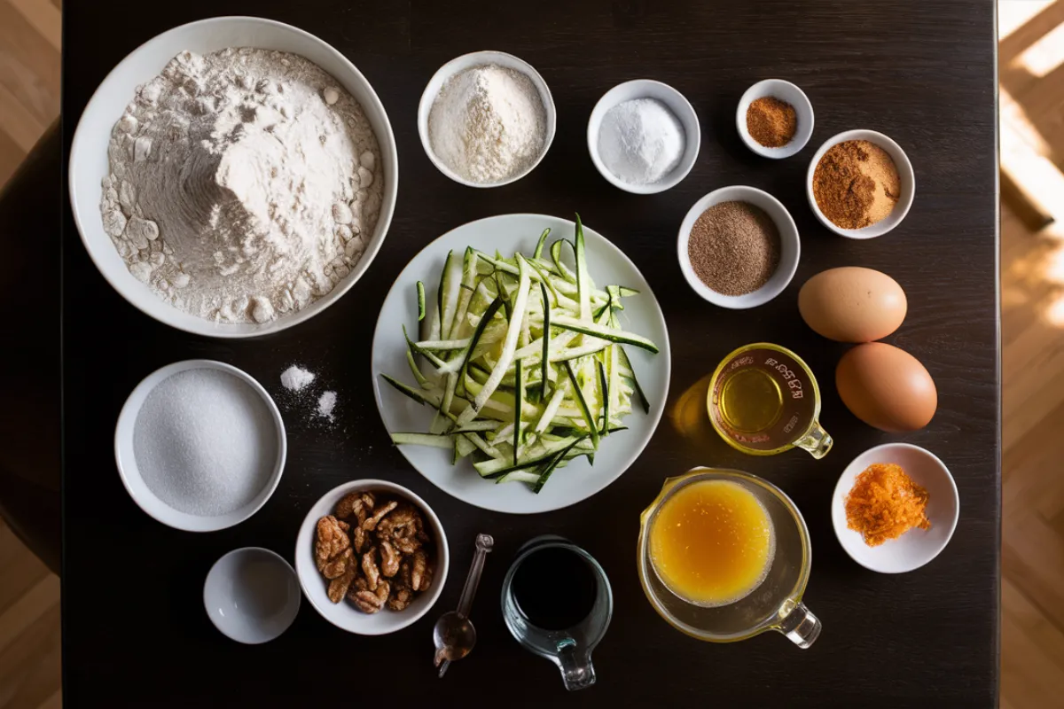 Top-down view of ingredients for orange zucchini bread, including flour, baking powder, zucchini, sugars, eggs, orange juice, zest, and nuts.