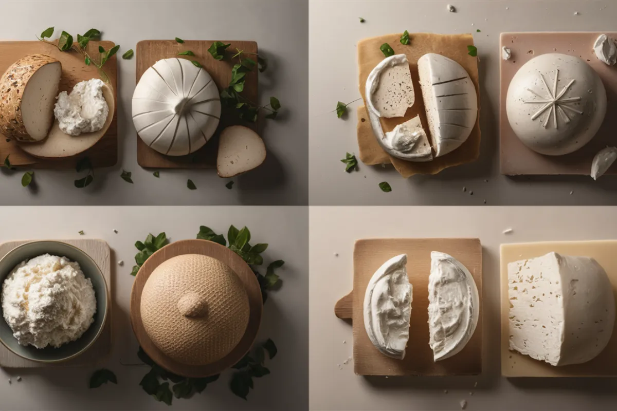 Square collage comparing burrata, mozzarella, ricotta, and cream cheese, highlighting their different textures and characteristics.