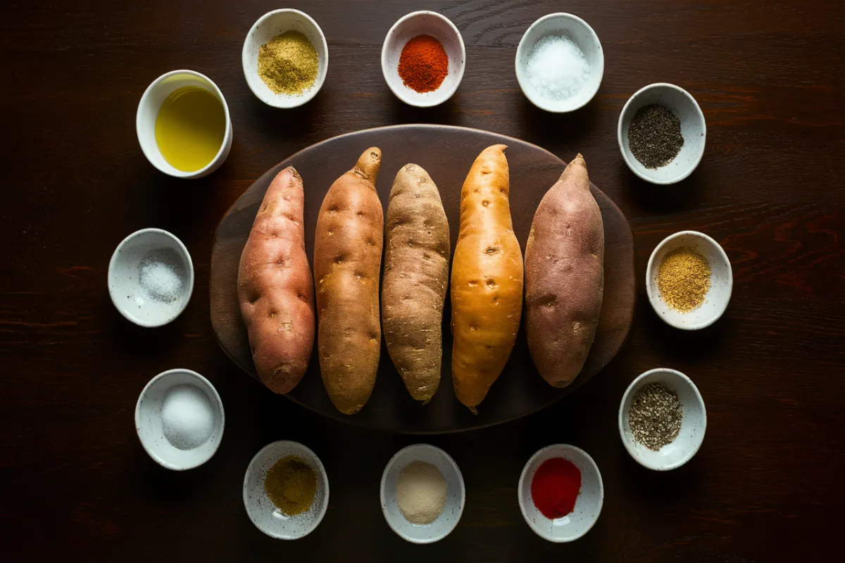 Top-down view of ingredients for air fryer sweet potatoes, including whole sweet potatoes, olive oil, salt, and various seasonings on a dark table.