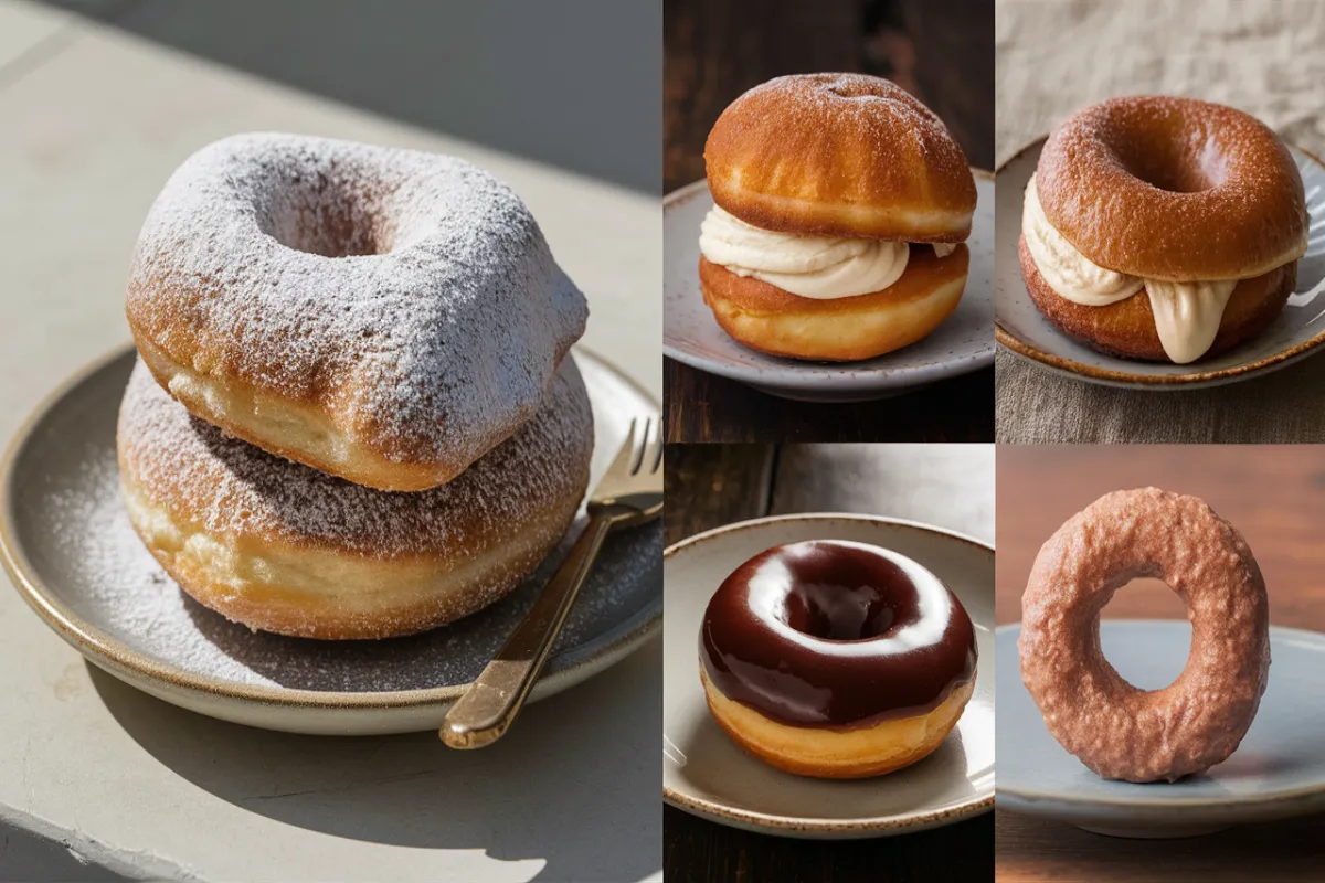 Collage of regional donut variations including French beignets, Italian bomboloni, American glazed donuts, and Japanese mochi donuts.