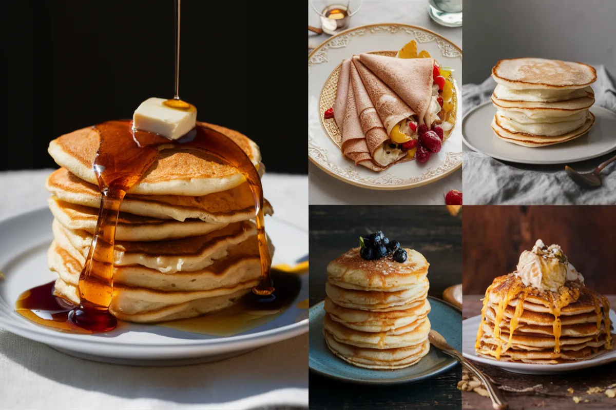 Collage of global pancake variations including American pancakes, French crepes, Japanese soufflé pancakes, and Dutch pannekoeken.