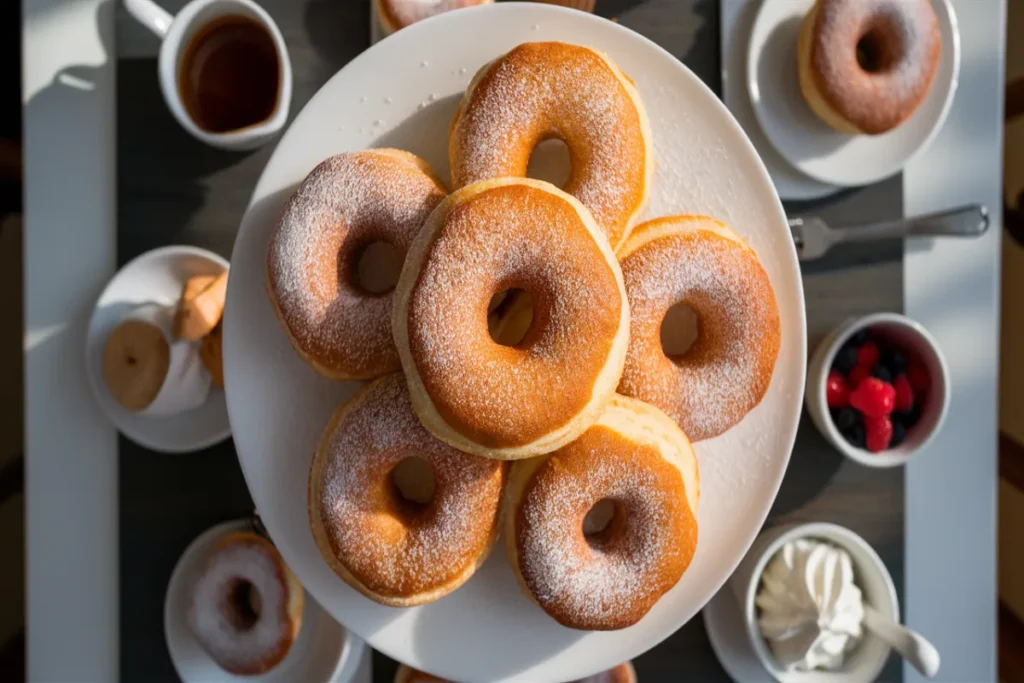 Top view of freshly made pancake donuts dusted with powdered sugar and served with syrup.