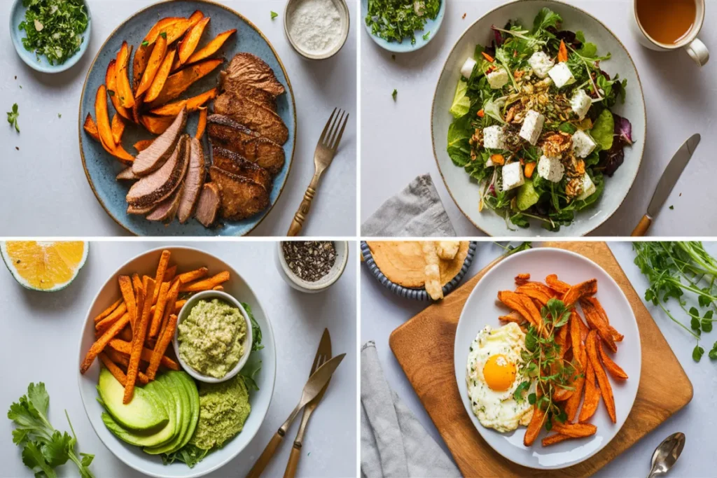 Square collage of pairing suggestions for air fryer sweet potatoes, including grilled chicken, fresh salad, avocado, and eggs.