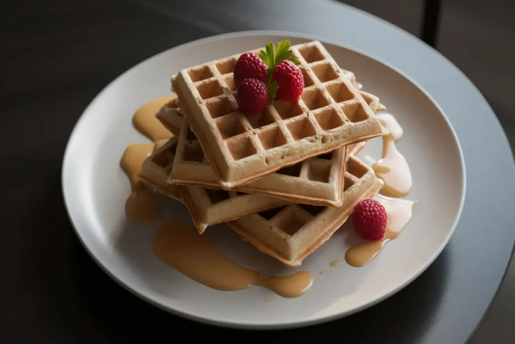 Side view of gluten-free waffle slices with fresh berries and maple syrup on a dark table, with no shadows or surrounding objects.