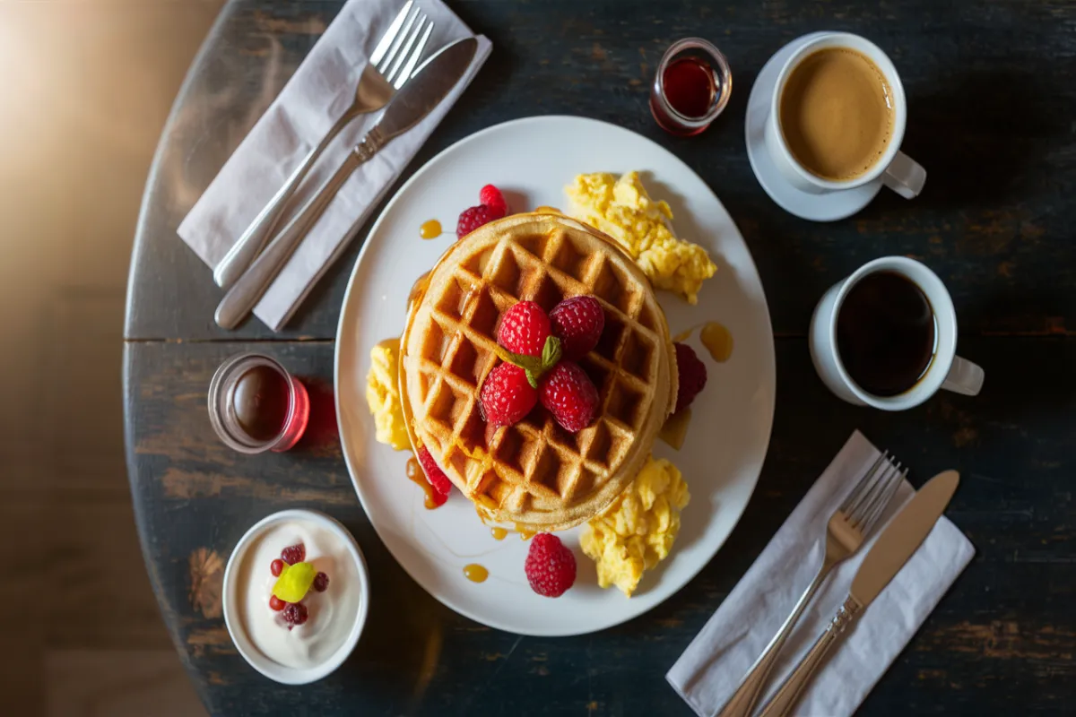 Top-down view of a gluten-free breakfast featuring a golden waffle with fresh berries, scrambled eggs, coffee, and yogurt on a dark wooden table.