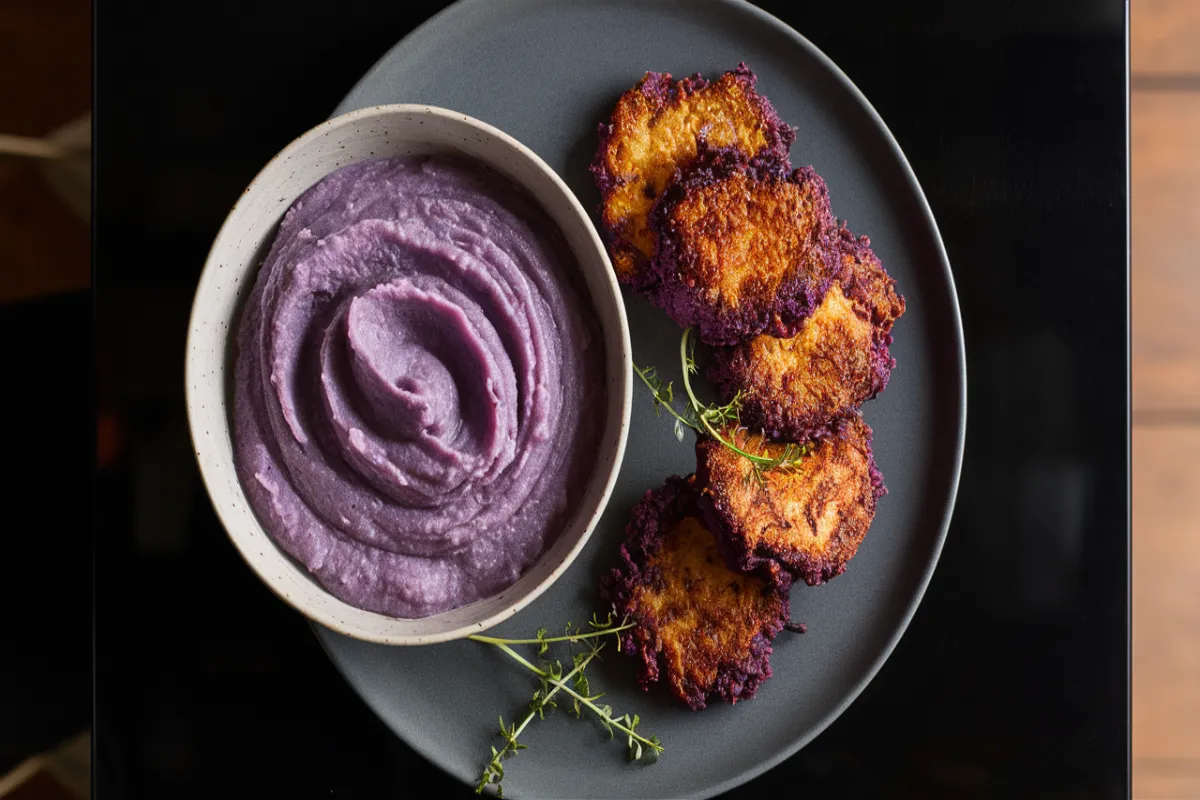 Mashed purple sweet potatoes and purple yam fritters on a black table

